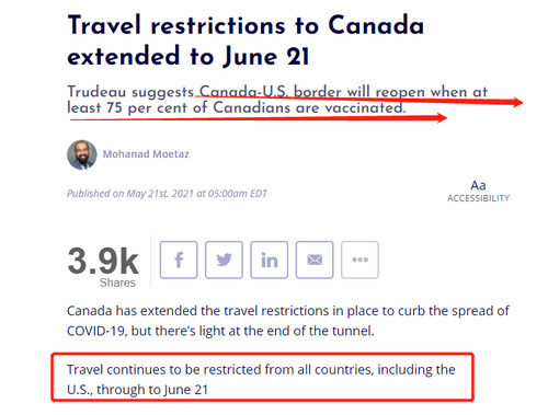 加拿大边境开放看到曙光 旅行限制延长至6月21号 环球出国移民
